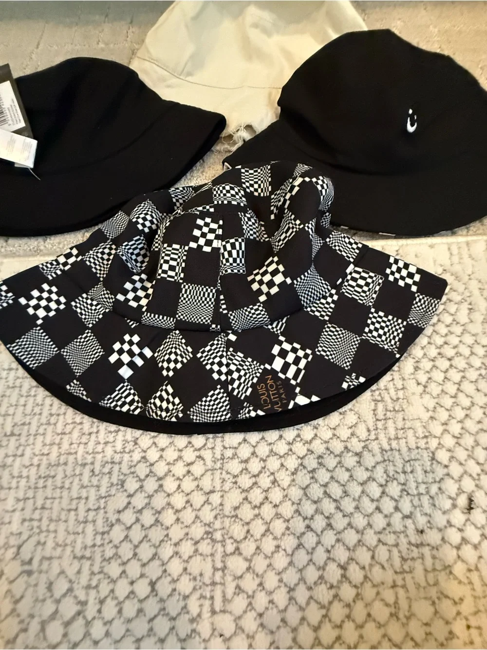 4 -Black & Cream Reversible Bucket Hat  Set- Checker Pattern